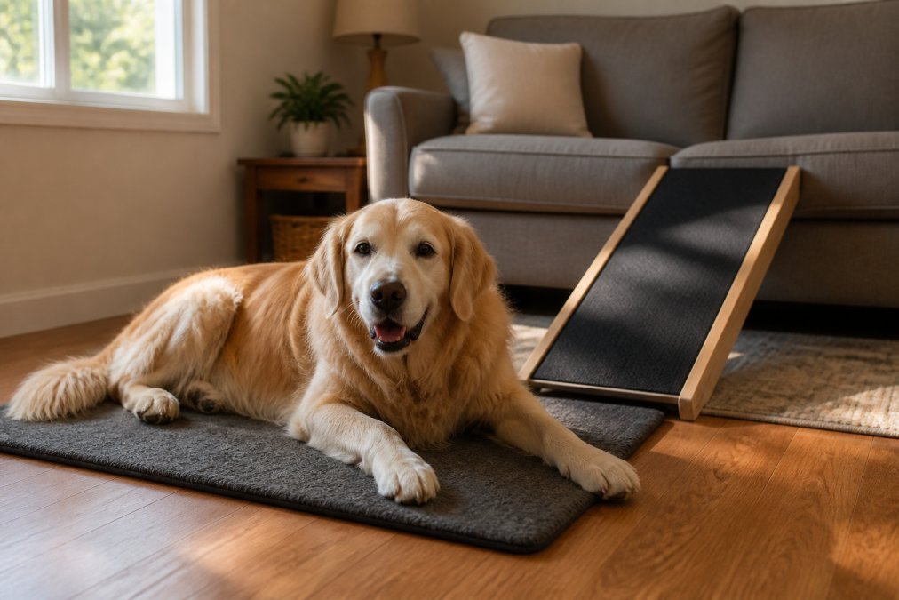 Senior golden retriever resting on a non-slip mat with a sofa ramp to help improve mobility in senior dogs