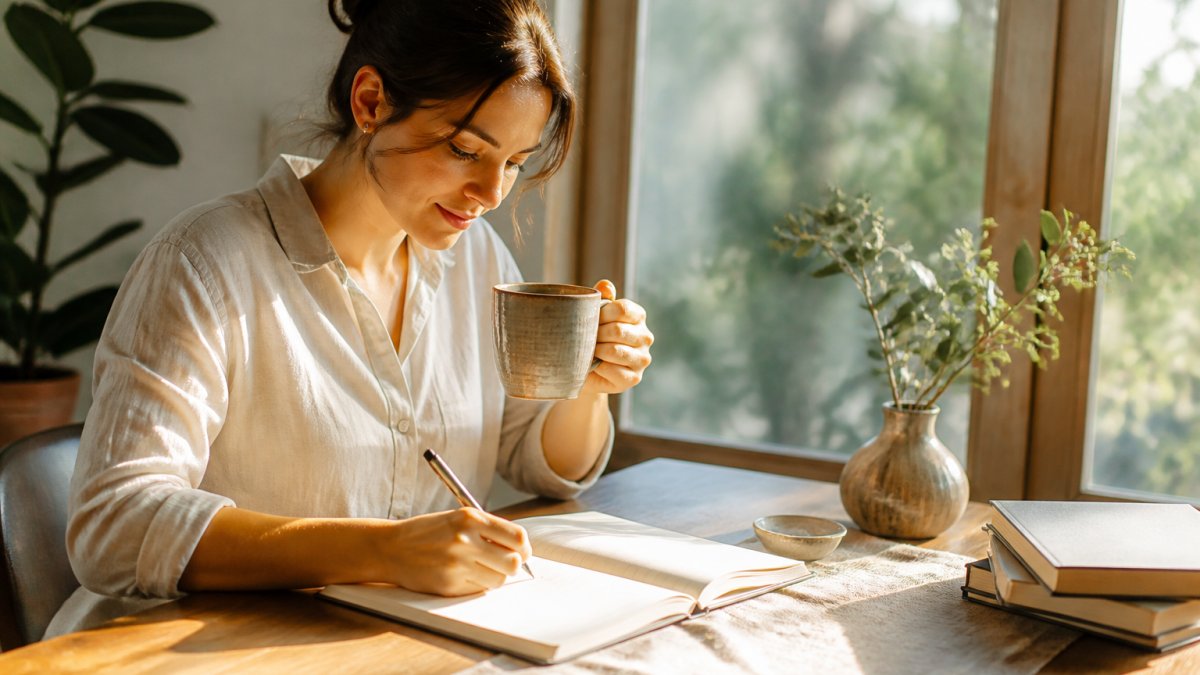 Person writing in a journal with a mug of coffee at a sunlit desk