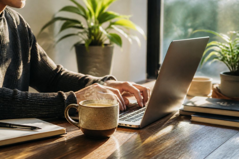 Person at a wooden desk with a steaming cup of artisan coffee, laptop open showing focused work, natural morning sunlight streaming through a nearby window, hands positioned on keyboard in engaged posture