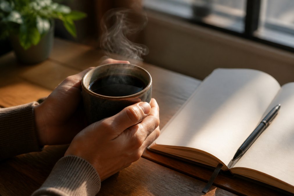 Close-up of hands holding a warm artisan coffee mug with rich dark coffee, steam rising, positioned on a wooden desk next to an open notebook, morning light illuminating the ritualistic moment before focused work begins