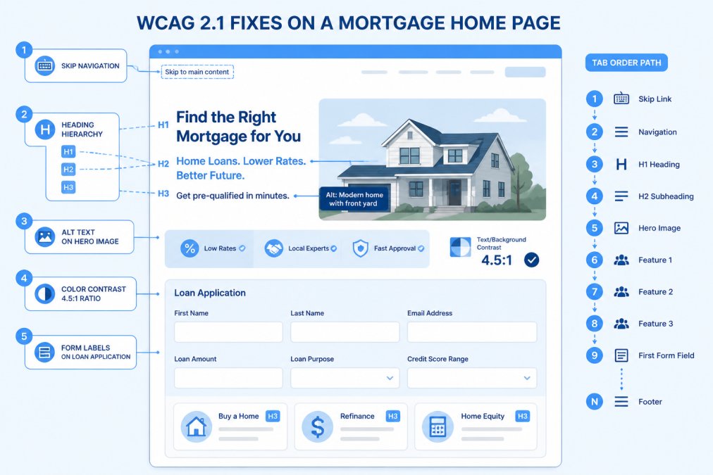 Labeled diagram of a mortgage home page showing where each WCAG 2.1 fix applies: alt text on a hero image, heading hierarchy from H1 to H3, a skip navigation link at the top, form labels on the loan application, a 4.5:1 color contrast ratio callout, and the tab order path through the page