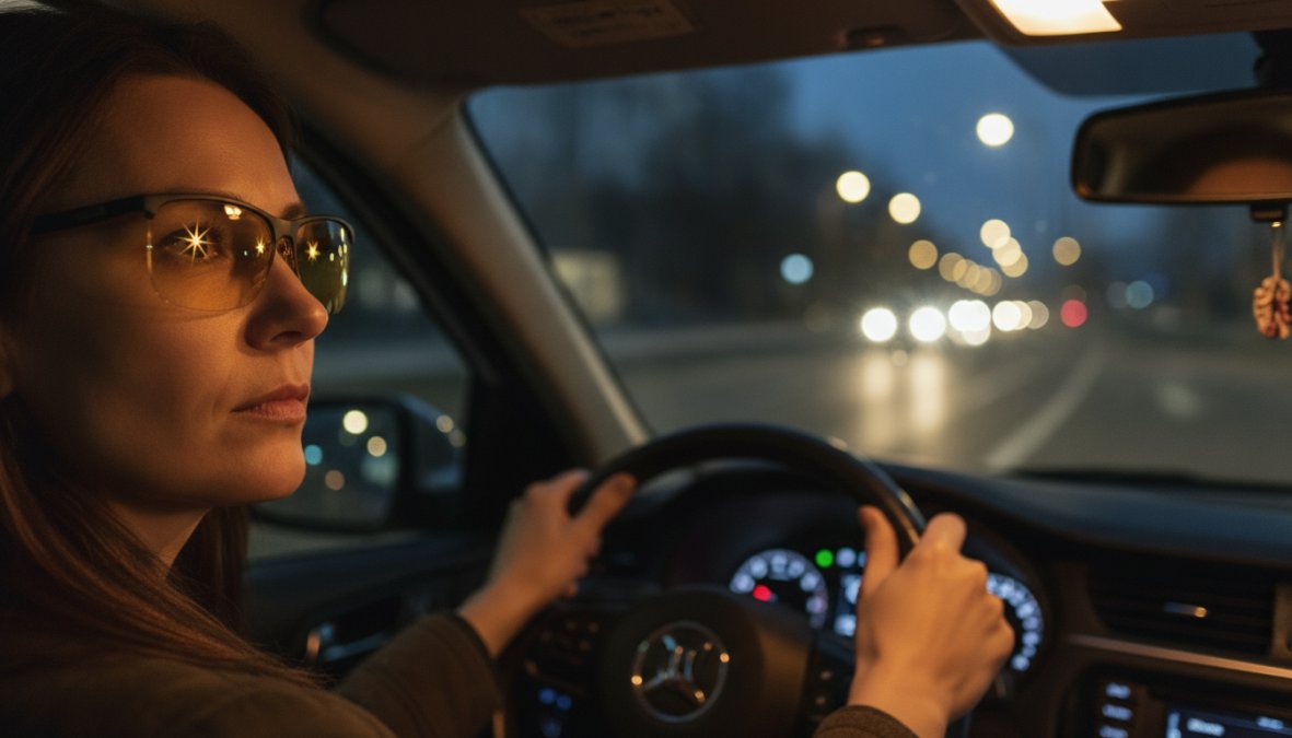 Close-up of a person wearing amber-tinted driving glasses at the steering wheel of a car at night, oncoming headlight beams reflected in the lens surface, dark road visible ahead