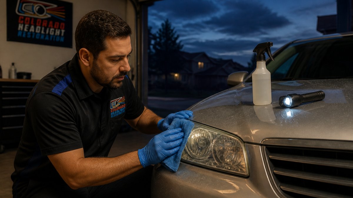 A driver in a garage at dusk using a microfiber cloth to wipe the headlight lens of a sedan, with a small spray bottle and inspection flashlight on the hood nearby