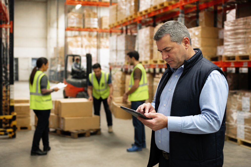 Warehouse manager reviewing staff scheduling data on a tablet while team members coordinate shipments in the background, showing real-time operational decision-making