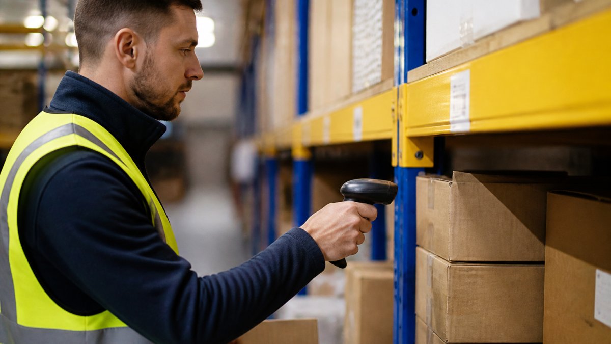 Warehouse operative using a barcode scanner to improve order picking accuracy in a busy distribution centre