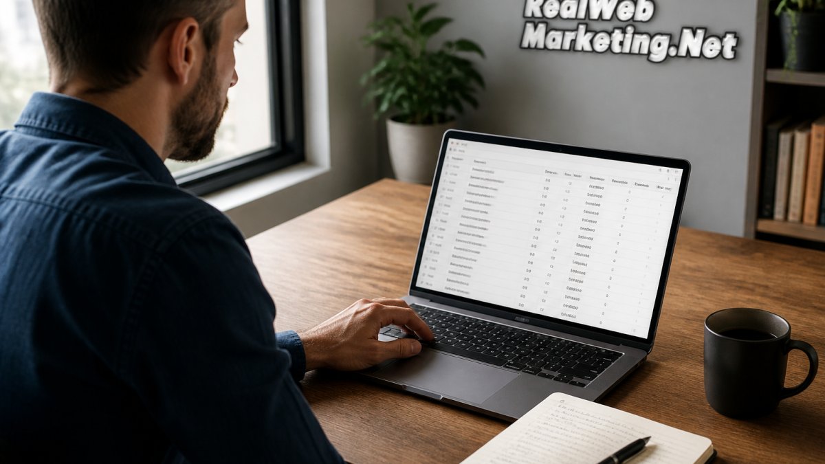 Small business owner or marketing professional sitting at desk reviewing keyword research on laptop screen with notepad and coffee nearby