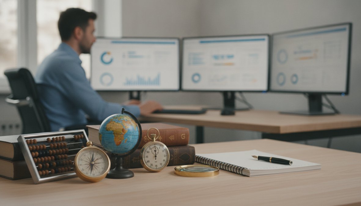 Professional analyst reviewing organic search traffic metrics on multiple monitors displaying Google Analytics dashboards and ranking reports in a modern office environment