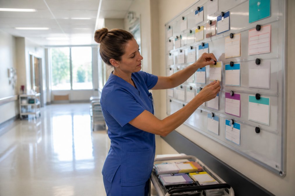 A nurse in scrubs updating a large wall-mounted magnetic communication board in a bright hospital corridor, arranging patient name magnets and status cards, natural daylight from windows behind