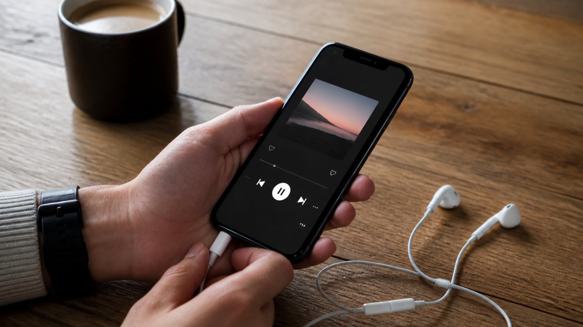 Close-up of hands holding a smartphone with wired earbuds plugged in, screen showing a music player app, on a wooden desk with a coffee cup nearby