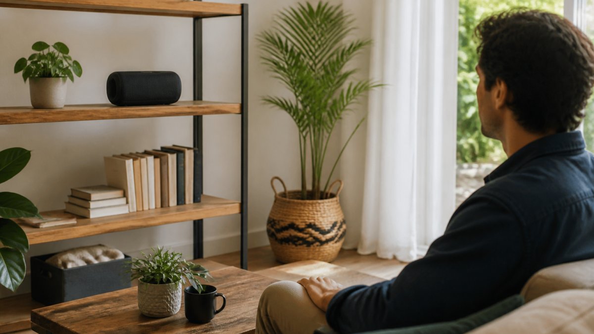 Portable speaker positioned on a wooden shelf at ear level in a bright living room, with a person seated at optimal listening distance, natural light from window