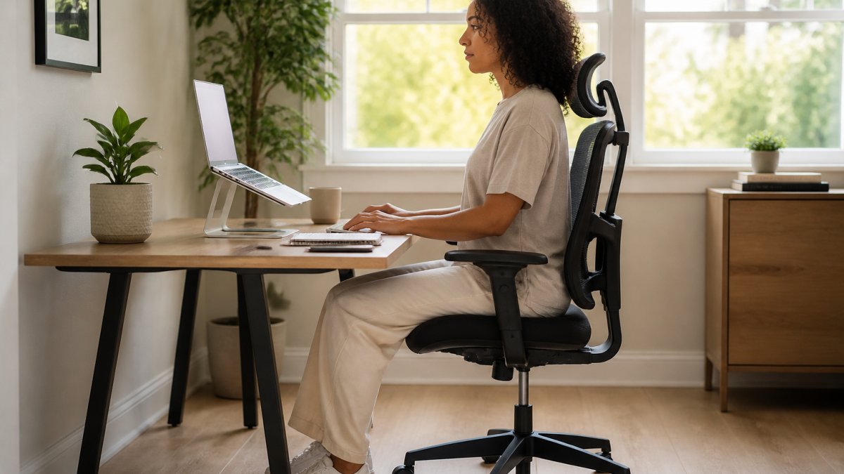 A person sitting at a tidy home office desk with a laptop raised on a stand, feet flat on the floor, and a supportive chair positioned close to the desk in a bright room