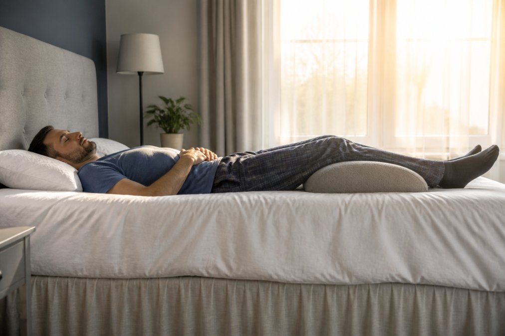 Person sleeping on their back with neutral spine alignment, head supported by pillow at shoulder height, knees slightly elevated with bolster, soft morning light from window