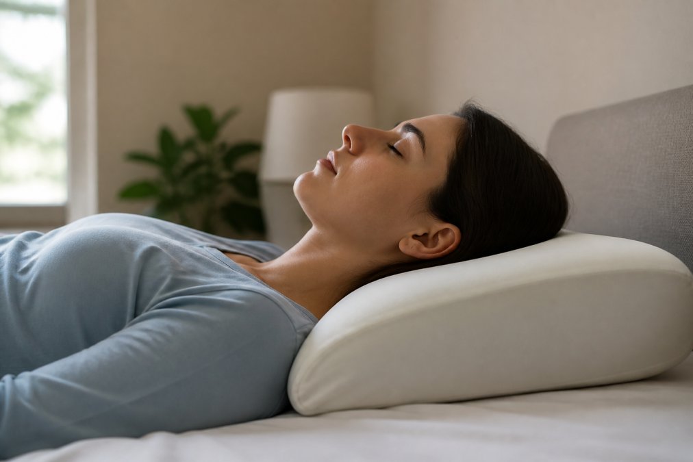 Side-view close-up of person's head and neck on pillow showing proper cervical spine alignment, head level with shoulders, natural curve visible in neck, soft bedroom lighting