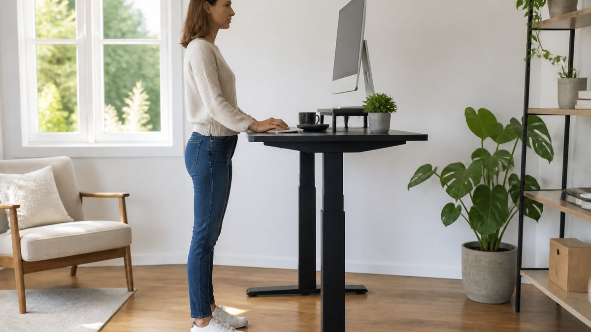A person working at a height-adjustable standing desk in a bright home office, monitor at eye level, feet flat on the floor, upright relaxed posture, natural light from a window