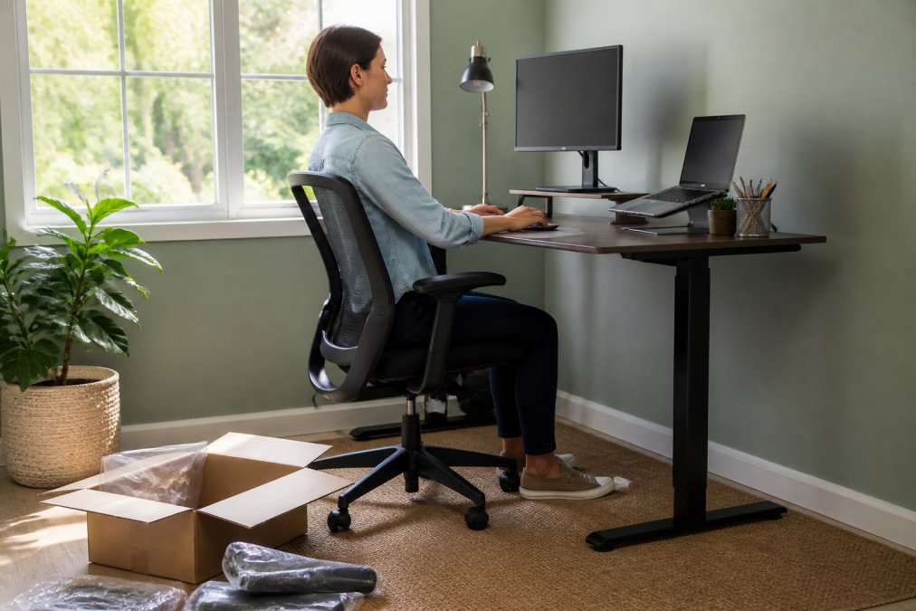 Person sitting at a home desk with proper ergonomic positioning: monitor at eye level, feet flat on floor, chair supporting lumbar spine, arms at 90-degree angle on desk, natural window lighting
