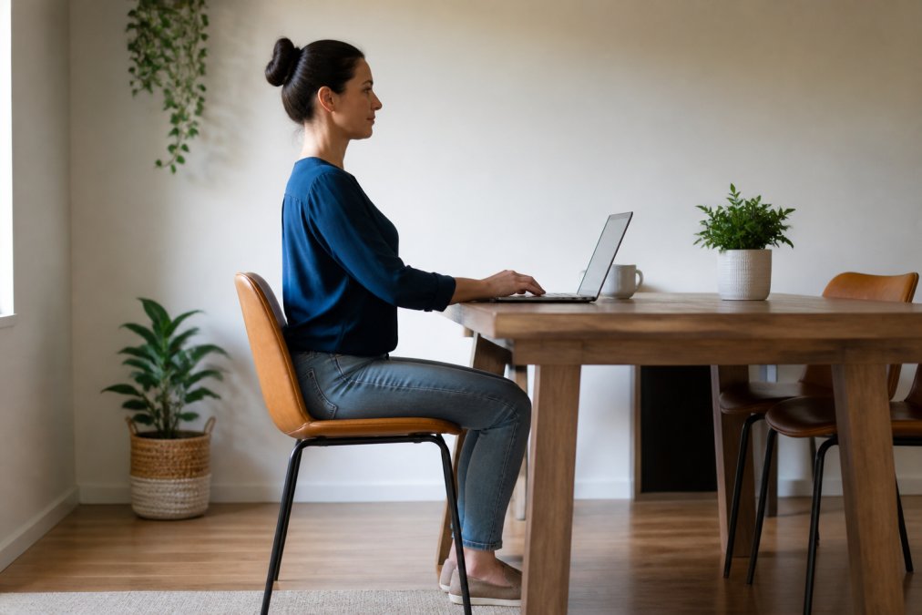 Side profile of a person demonstrating neutral spine alignment while seated, showing proper shoulder relaxation, hip alignment, and head position with natural office lighting