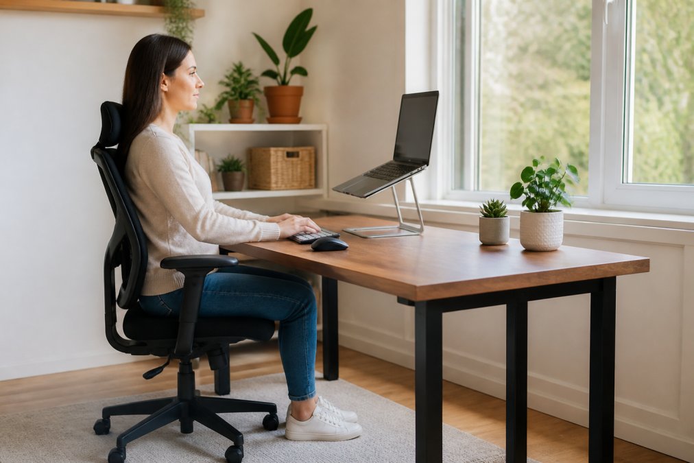 Remote worker sitting at desk with proper posture, laptop on riser at eye level, external keyboard and mouse positioned correctly, feet flat on floor, natural office lighting