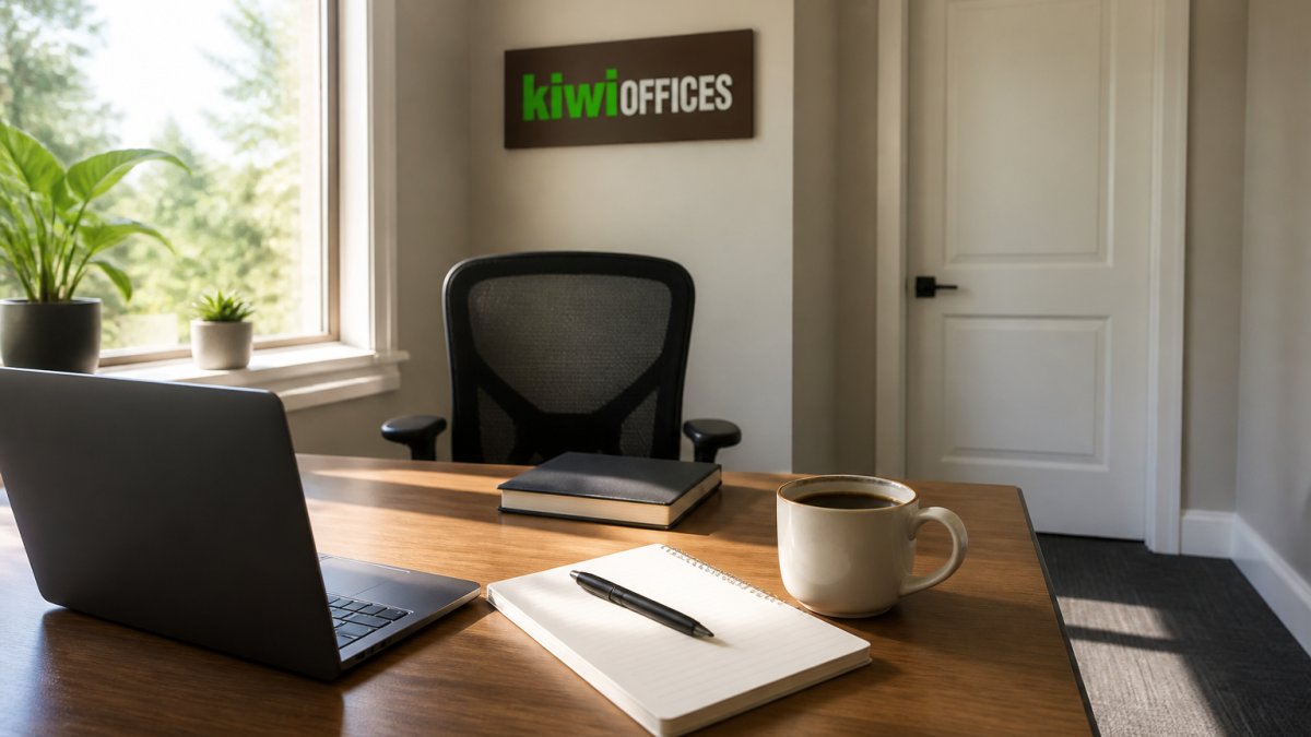 A tidy home office desk with a laptop, notebook, and coffee, natural light from a window, a closed door in the background to suggest separation from living space