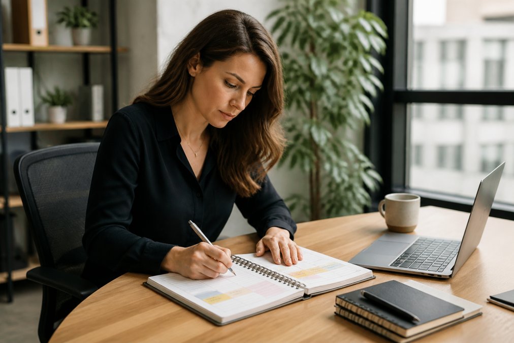 A focused professional sitting at a clean desk with a physical planner open, a laptop, and a coffee cup, writing out a time-blocked schedule in a bright modern office