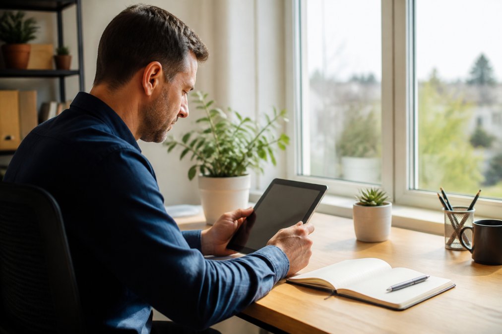A business professional reviewing a to-do list on a tablet early in the morning at a home office desk, with natural light coming through a window and a notebook nearby
