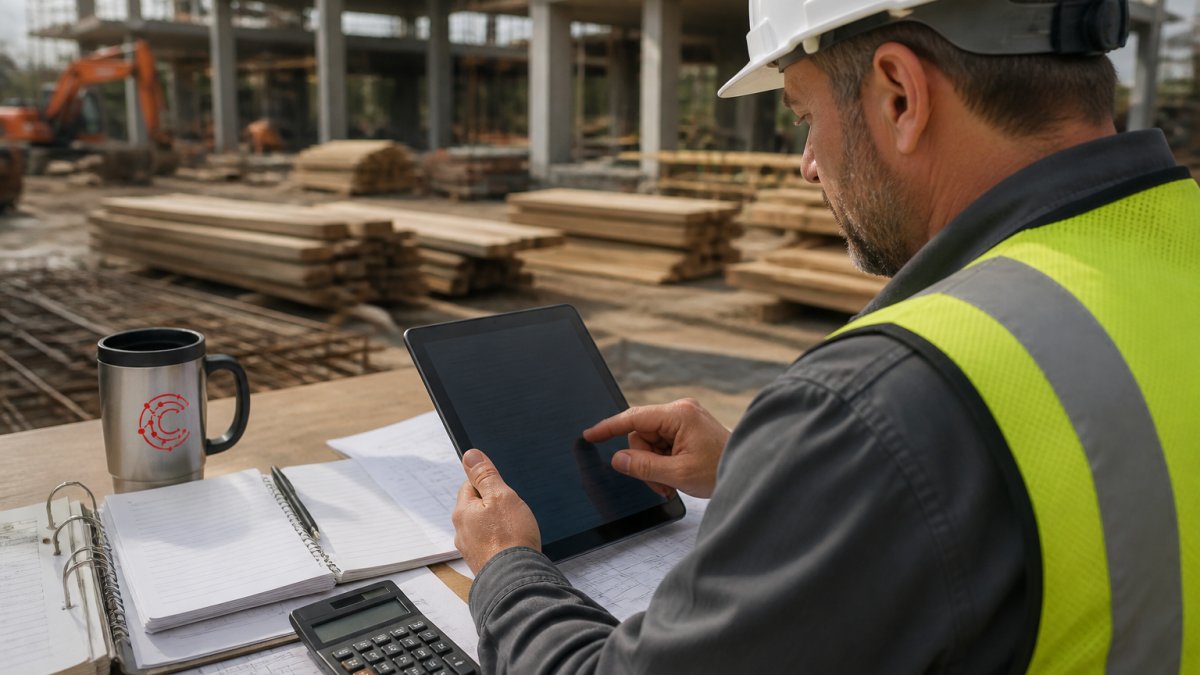 Contractor reviewing project budget data on tablet at job site with construction materials and equipment visible in the background