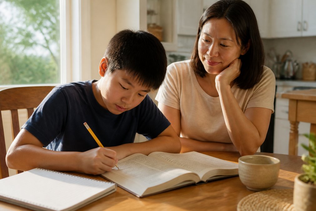 A child sitting at a kitchen table with an open book, pencil in hand, writing notes in the margins while a parent watches supportively nearby, warm afternoon light coming through a window
