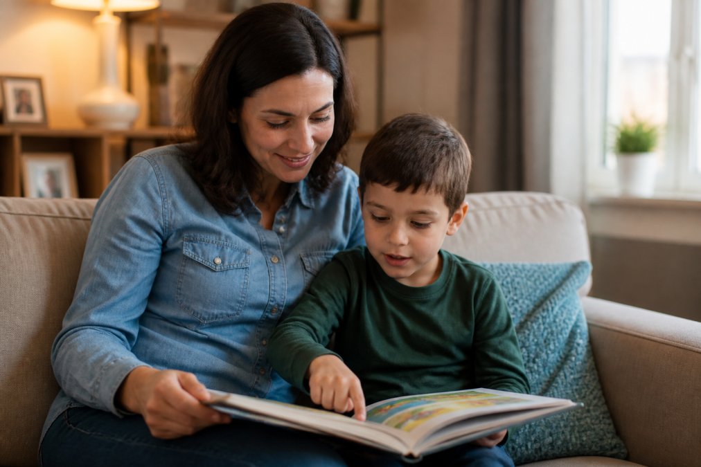 A parent and child reading aloud together from a colorful storybook on a couch, the child pointing at a word on the page with an engaged expression, soft living room lighting