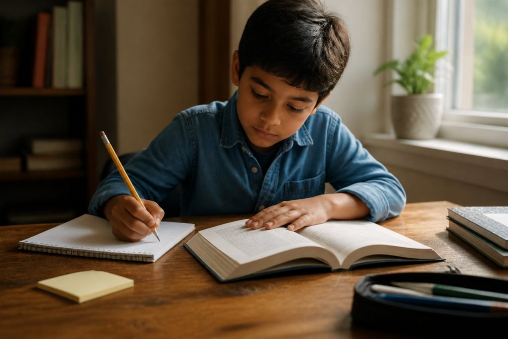 Student focusing on reading comprehension skills by taking notes from a book while sitting at a sunlit desk.