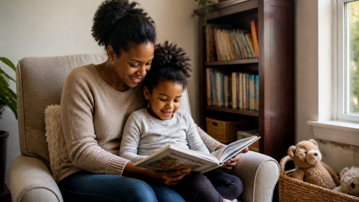 Parent and child sitting together in a cozy, well-lit reading nook with comfortable seating, a bookshelf nearby, and minimal distractions, both engaged with a colorful storybook
