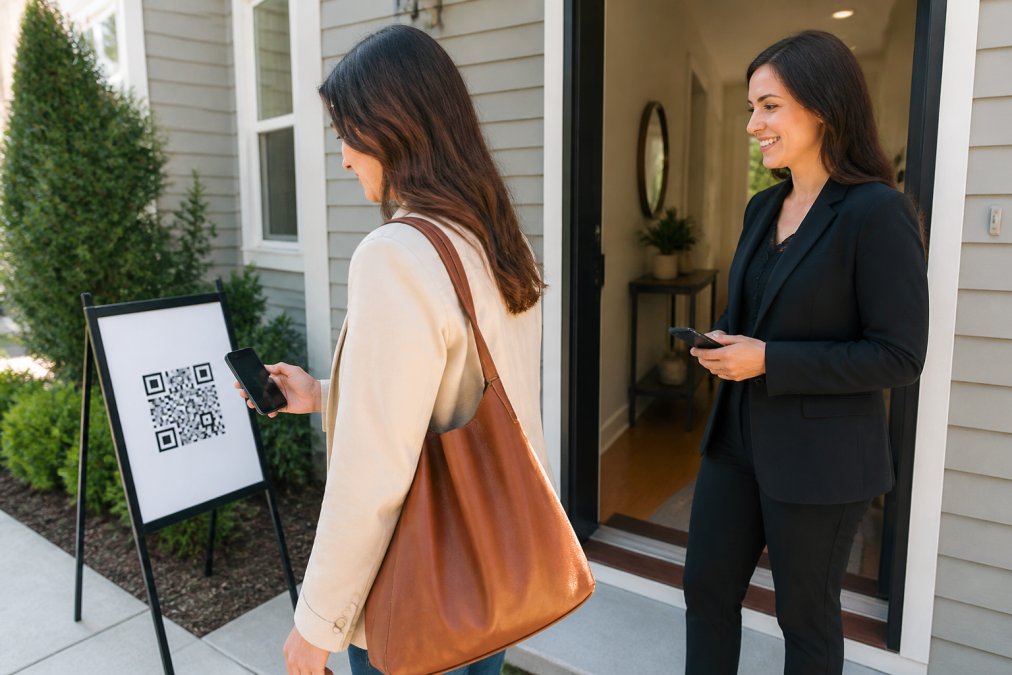 A real estate agent holding a smartphone at an open house front door, with a QR code sign on an a-frame stand in the background, while a visitor scans the code with their own phone in bright daylight