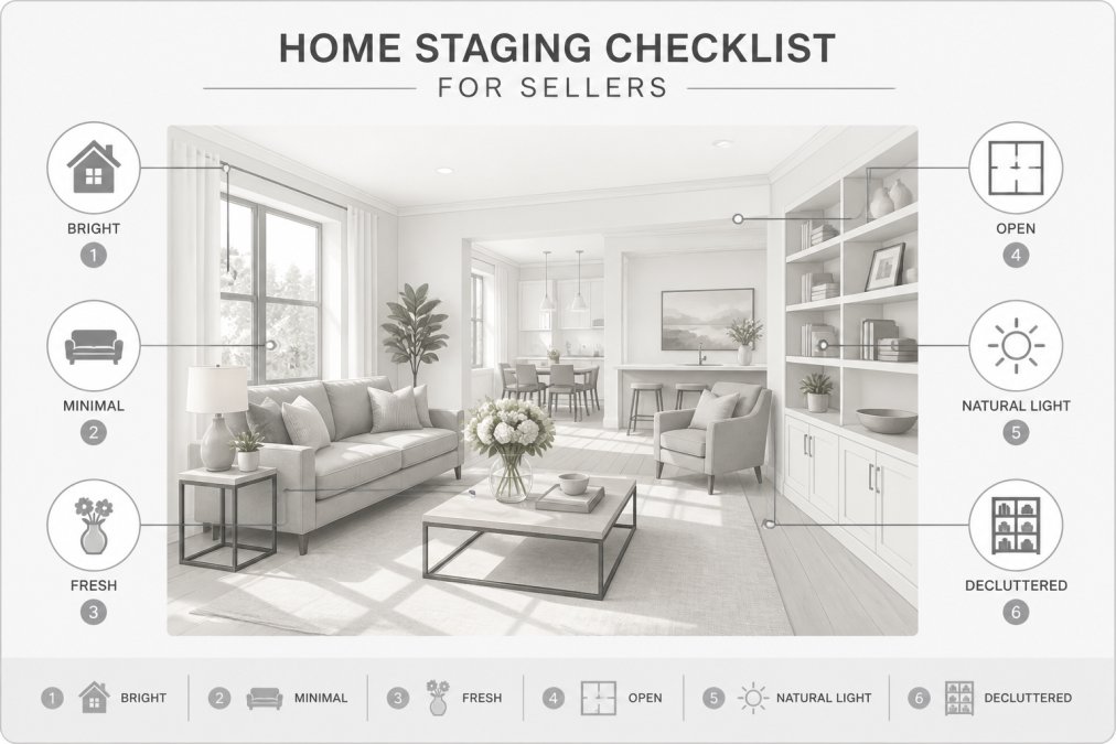 Bright, neutral living room with cream-colored walls, minimal staged furniture, open floor plan, fresh flowers on coffee table, natural sunlight streaming through windows, and decluttered shelving showing move-in-ready aesthetic