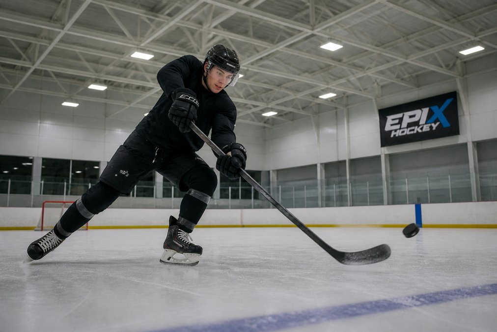 Hockey player executing a snap shot with quick release speed on the ice