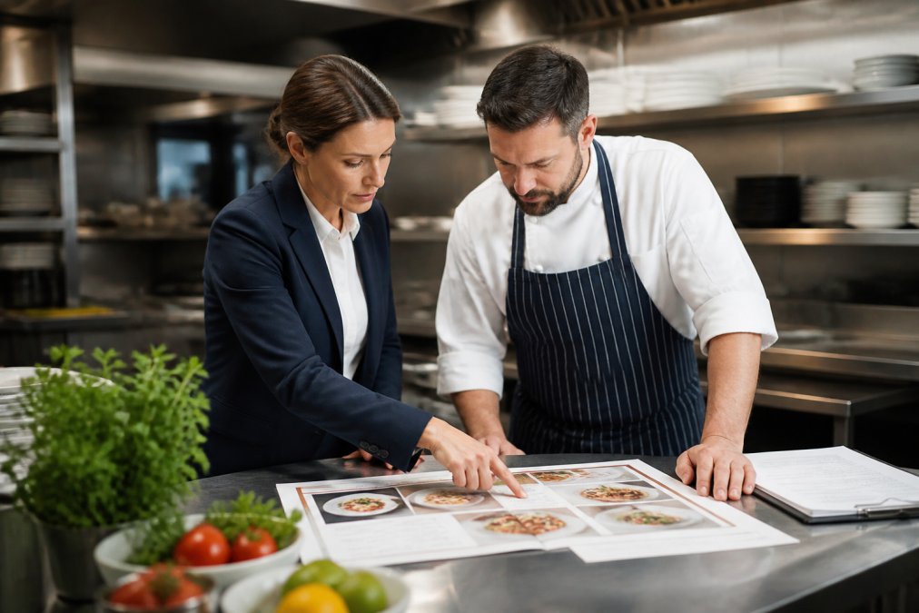 A restaurant manager and chef reviewing a printed menu together at a back-of-house prep table, pointing at specific dishes with a tablet showing sales data nearby
