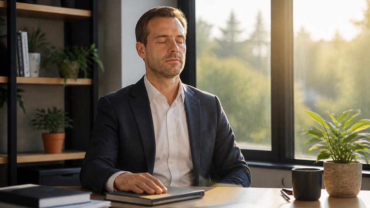 A sales professional sitting quietly at a tidy desk with eyes closed, one hand resting on a notebook, soft morning light through a window behind them