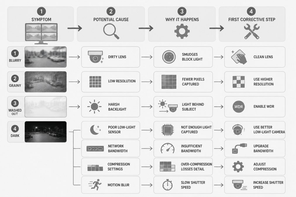 Troubleshooting flowchart identifying common causes and fixes for poor security camera footage quality