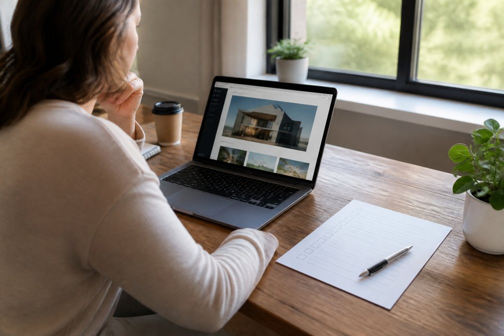 A small business owner working at a tidy wooden desk with a laptop showing a website dashboard, a printed checklist and a pen beside it, natural daylight from a window
