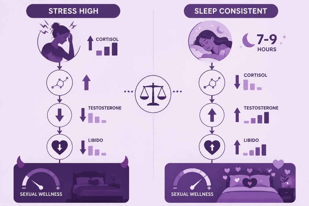 Infographic illustrating how sleep and stress impact cortisol, testosterone, and overall sexual wellness.