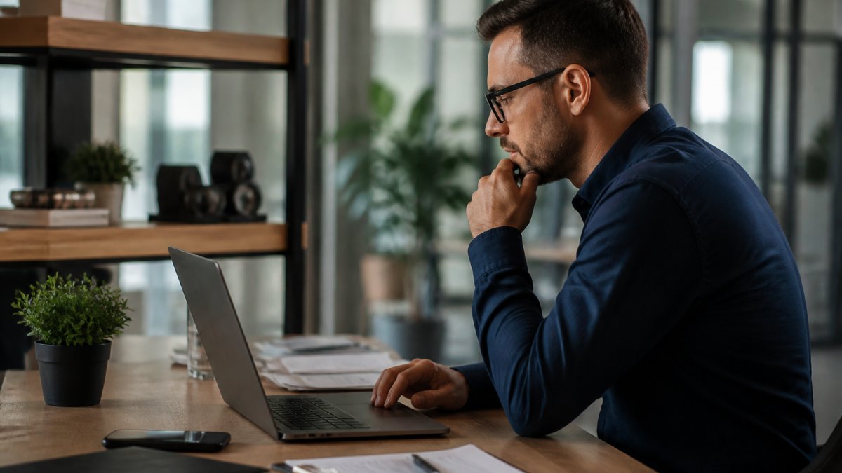 E-commerce manager analyzing Shopify plus conversion rates on a laptop dashboard in a modern office space.
