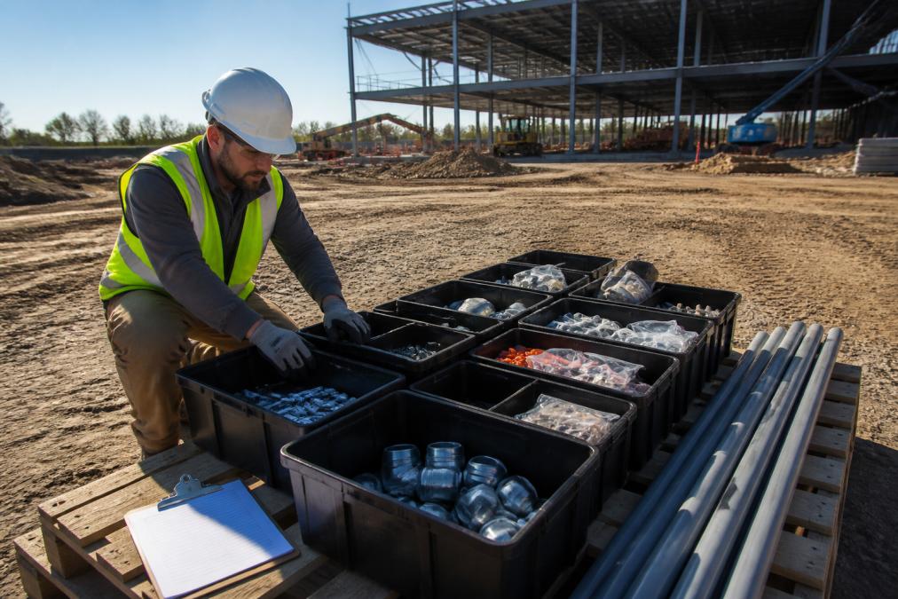 A construction site worker in a hard hat organizing pre-assembled material kits on a pallet, with labeled bins and a clipboard checklist visible, morning light on a graded site