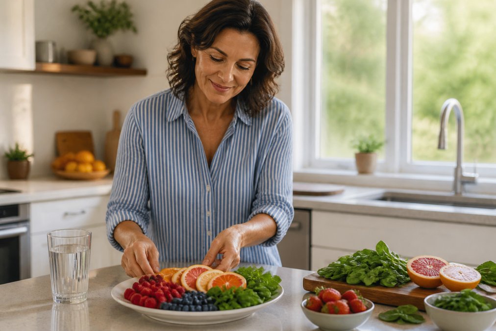 A woman in her 40s in a bright kitchen arranging a plate of colorful foods rich in antioxidants, including berries, citrus, and leafy greens, with a glass of water nearby
