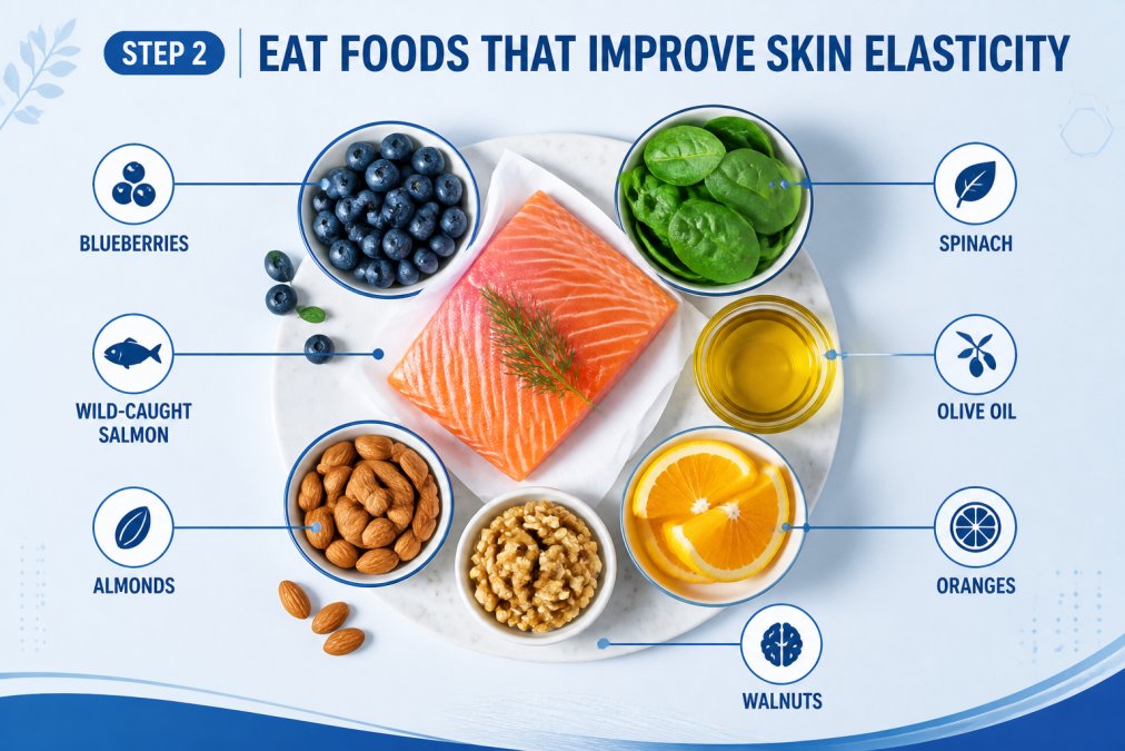 Overhead flat lay of colorful foods including wild-caught salmon fillet, fresh blueberries, spinach leaves, orange slices, almonds, walnuts, and extra virgin olive oil in a glass bowl on a light wooden table with natural morning sunlight