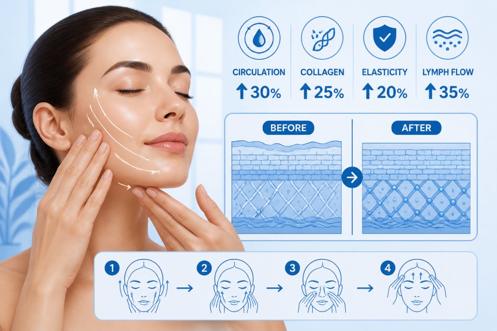 Close-up of a woman's face receiving a gentle upward facial massage with fingertips on her cheek and jawline, showing relaxed expression and natural soft lighting from a window