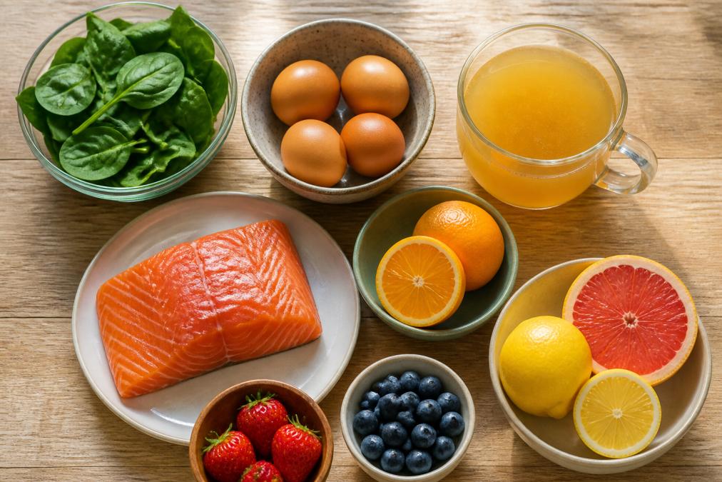 Infographic showing collagen-rich foods like salmon and citrus to boost skin elasticity naturally.