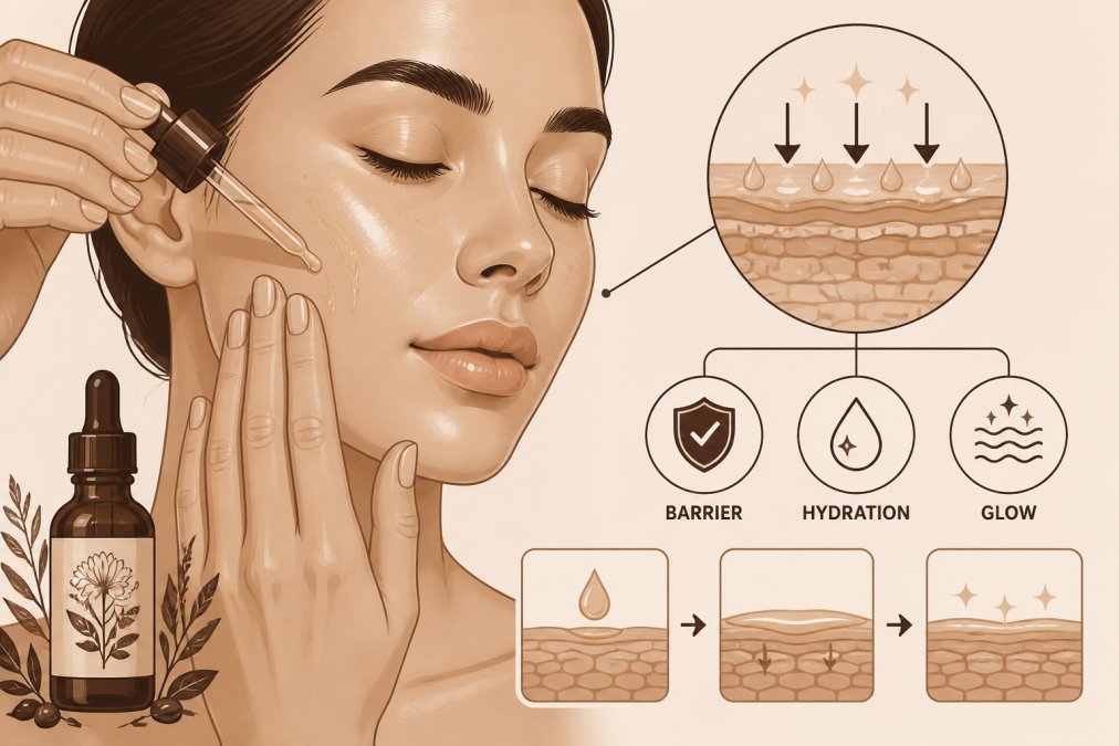 Close-up of hands applying a rich botanical facial oil to clean skin, showing the natural glow and texture as the oil absorbs into the face