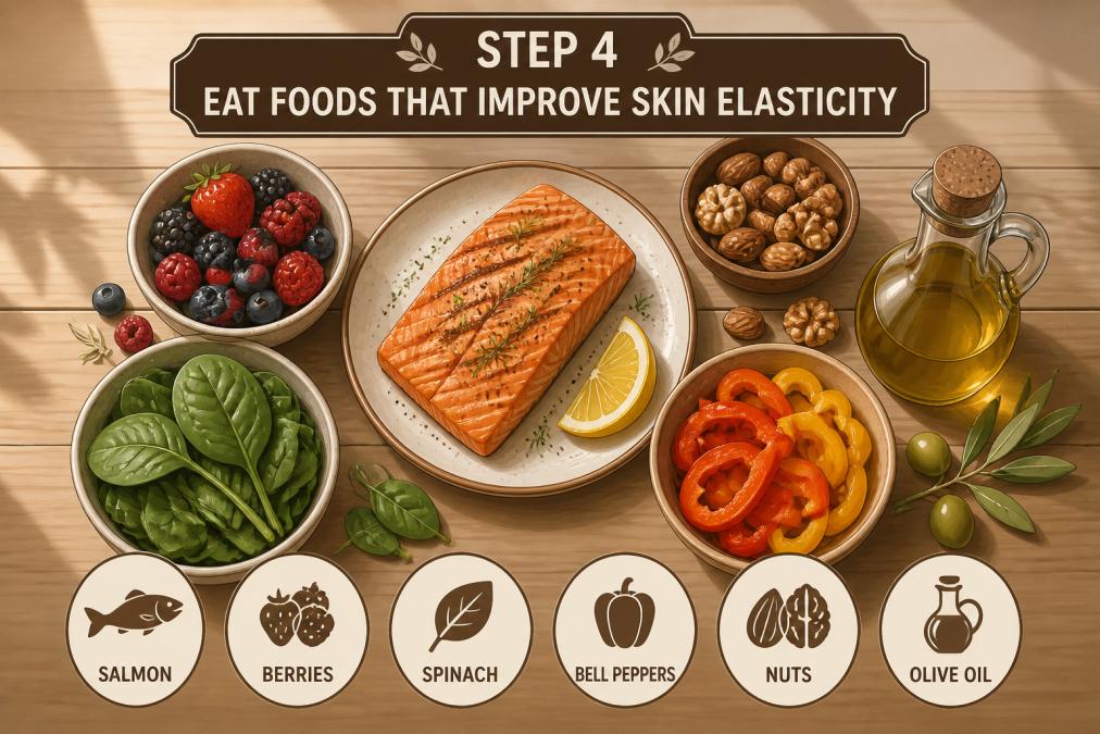 Overhead view of a colorful spread of fresh foods on a wooden table: grilled salmon fillet, mixed berries in a small bowl, leafy spinach, bell peppers, nuts, and olive oil in natural morning light