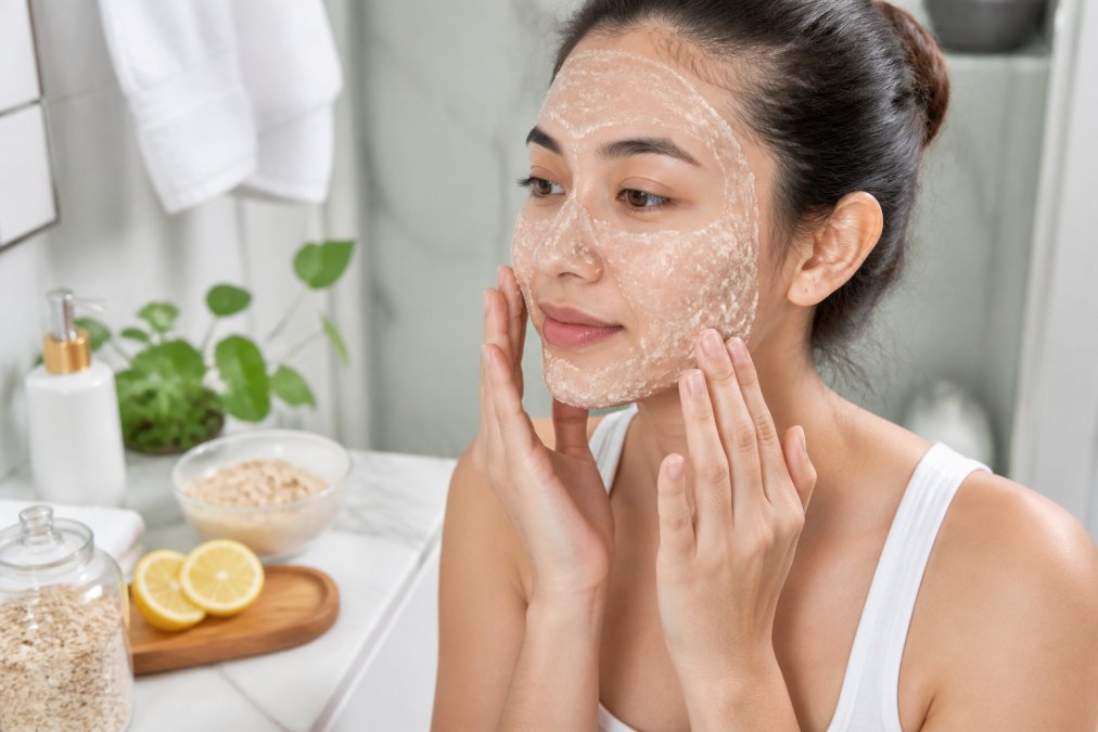 Close-up of a woman's hands applying a creamy exfoliating mask to her face in a clean, bright bathroom, with natural oats and lemon slices visible on the marble counter nearby
