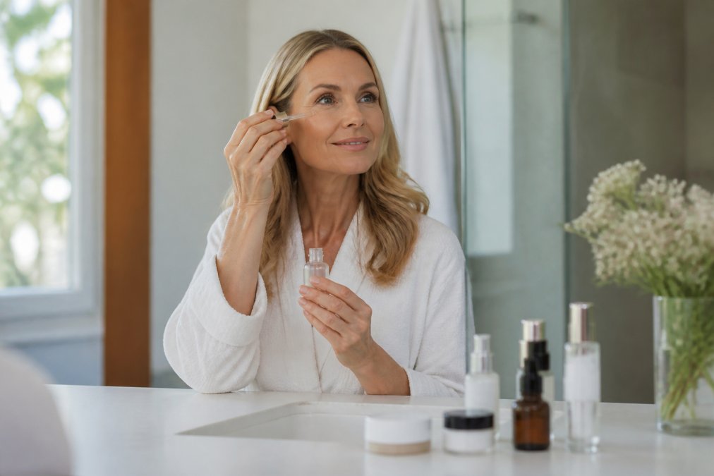 A woman in her 40s applying serum in a bright bathroom to improve skin texture and maintain a radiant complexion.