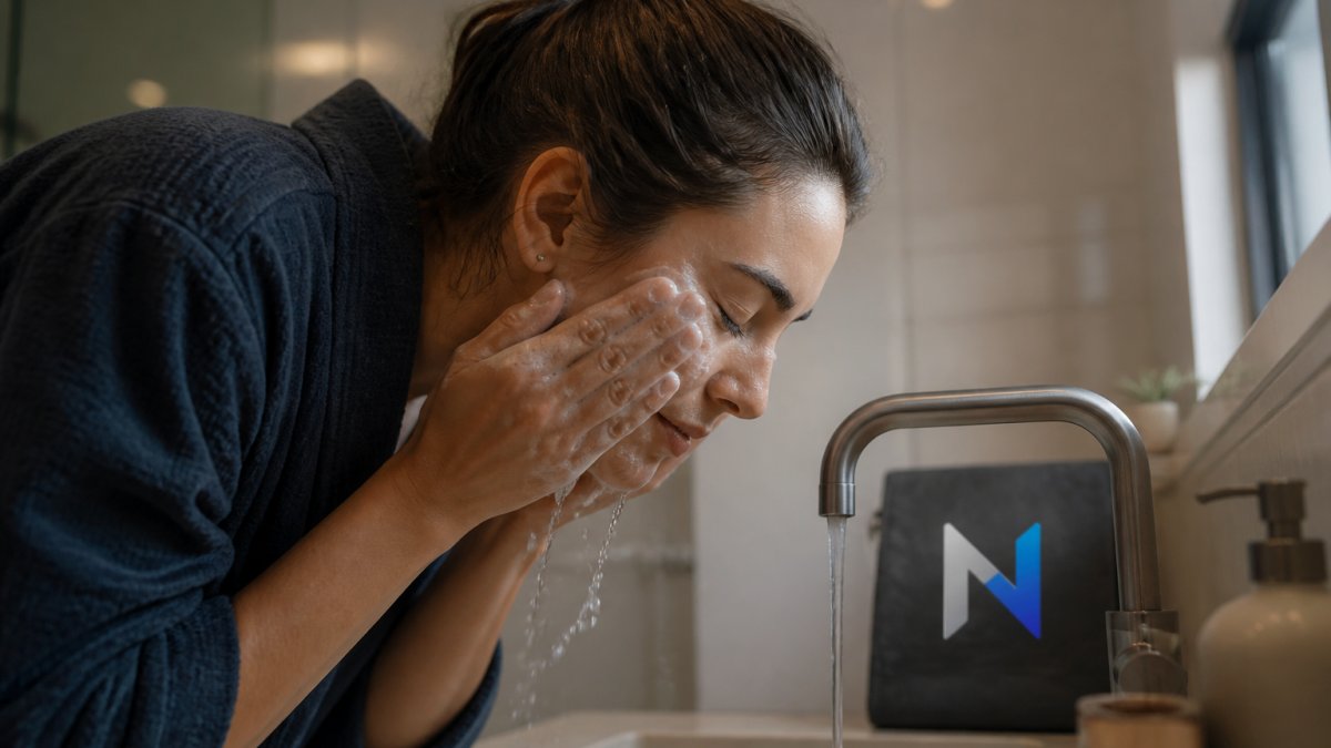 Close-up of a person's hands gently cleansing facial skin with a soft cleanser and lukewarm water at a bathroom sink with soft lighting