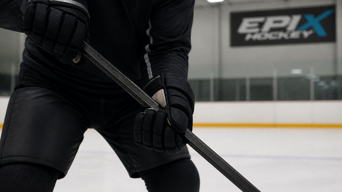 Close-up of hockey player's hands demonstrating proper grip on stick shaft, with upper hand near top and lower hand positioned mid-shaft, showing relaxed finger positioning and natural hand angle