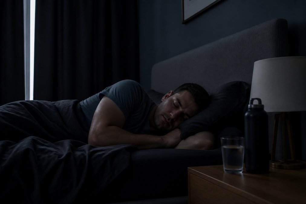 Athlete in a dark, cool bedroom with blackout curtains drawn, lying on a quality mattress with minimal light sources visible, suggesting an optimized sleep environment
